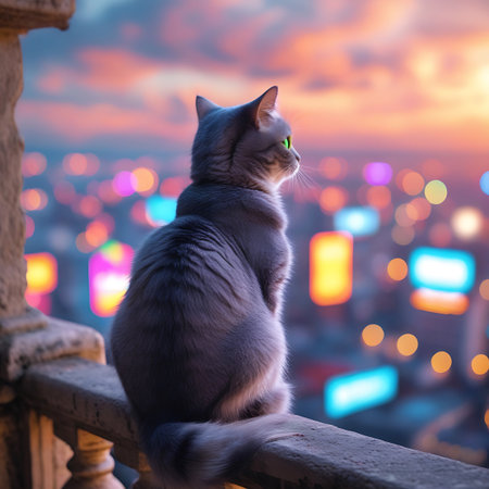 A silver-colored, fluffy cat with piercing green eyes sits on a stone balcony, observing a city at dusk. The cityscape is filled with a multitude of colorful lights, including neon signs and building illuminations, creating a vibrant and slightly blurred background. The sky displays a gradient of sunset colors, from warm oranges to cool blues.の素材