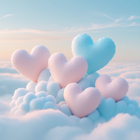 A group of soft, fluffy heart shapes in pink and light blue are nestled and resting on a formation of soft, white clouds. The sky above is a gentle pastel blue with hints of sunset colors. The scene conveys a feeling of peace, comfort, and gentle romance, as if the hearts have found a soft place to land.の素材