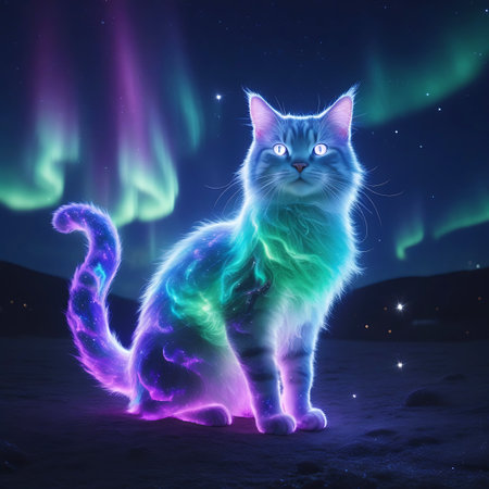 A surreal image of a cat sitting in a dark, sandy or snowy landscape under a vibrant aurora borealis. The cat's fur glows with cosmic patterns of teal, purple, and green, resembling a nebula or galaxy. The aurora borealis arcs across the night sky, creating a mystical and enchanting atmosphere.の素材