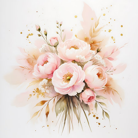 A beautiful watercolor illustration featuring a soft pink peony bouquet. The arrangement includes several fully bloomed peonies, buds, and delicate white flowers, complemented by muted green leaves and feathery accents. Gold dust and splatters add a shimmering, magical quality to the artwork, set against a clean white background.の素材