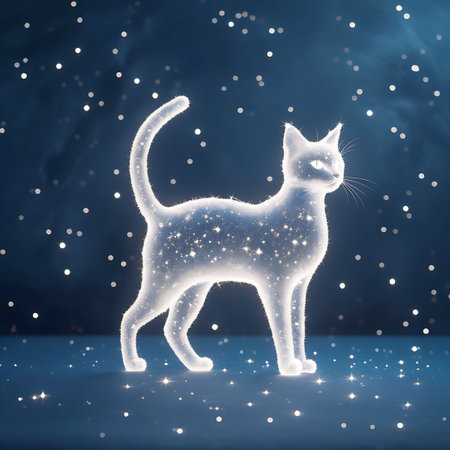 A cat silhouette, formed from a multitude of glowing stars and light particles, stands in a dynamic pose against a dark blue, starry backdrop. The creature appears to be made of pure cosmic energy, with its outline softly illuminated and individual stars twinkling within its form. The scene evokes a sense of magic and otherworldly wonder.の素材