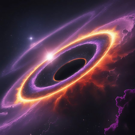 An awe-inspiring view of a supermassive black hole in the vastness of space. A brilliant, luminous accretion disk, composed of intensely hot gas and dust, encircles the black hole. The disk exhibits a striking gradient of fiery orange, bright yellow, and deep purple, with streaks of light and energy radiating outwards. The surrounding space is filled with a colorful nebula of purples and oranges, along with scattered stars, emphasizing the immense scale and dynamic nature of this cosmic...の素材