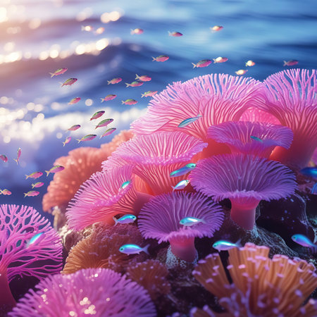 A sunlit ocean surface with shimmering light patterns is visible above a vibrant pink and purple coral reef. Small, colorful fish swim amongst the intricate coral formations, which resemble delicate, flowing anemones. The sunlight penetrates the clear blue water, illuminating the rich textures and colors of the marine life and creating a sense of depth and wonder in this underwater ecosystem.の素材