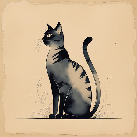 A stylized illustration of a black and grey striped cat sitting elegantly in profile. The artwork has an ink or watercolor effect with visible texture on the paper background, resembling aged parchment. Delicate lines suggest grass at the cat's feet. The cat has bright yellow eyes and long whiskers.の素材