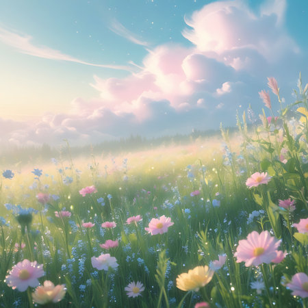 A sunlit meadow is depicted with a variety of delicate pastel wildflowers in shades of pink, blue, and yellow, interspersed with green grass and subtle mist. The sky features soft, wispy pink clouds and a bright, warm light, contributing to a dreamy and tranquil, almost magical, natural scene.の素材