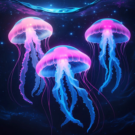Three translucent jellyfish with glowing pink and blue bioluminescence drift gracefully in a dark, starry underwater environment. Their delicate tentacles trail behind them, creating an ethereal and magical scene. The overall effect is one of cosmic wonder and the beauty of deep-sea life.の素材