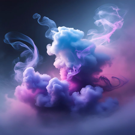 Abstract swirling clouds of smoke in shades of purple, blue, and pink create a dynamic and ethereal composition. Delicate wisps of vapor intertwine with denser, luminous masses, illuminated by soft light that casts a gentle glow. The background transitions from dark to a lighter, diffused hue, enhancing the sense of depth and atmosphere.の素材