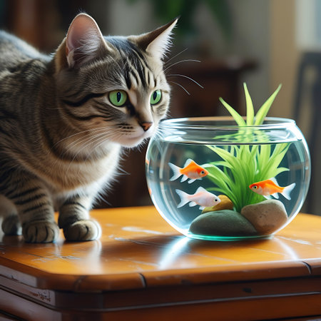 A striped tabby cat with bright green eyes is positioned on a wooden table, intently focused on a round glass fishbowl. Inside the bowl, three goldfish swim amongst green aquatic plants and smooth pebbles. The cat's gaze is fixed on the fish, showcasing a moment of curious observation.の素材