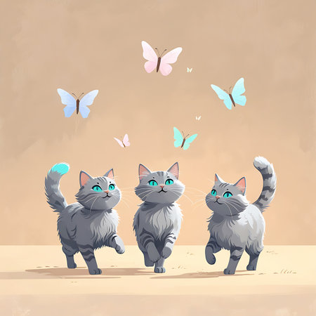 Three adorable grey kittens with bright blue eyes are depicted in a whimsical illustration, playfully chasing a variety of colorful butterflies. The kittens are in motion, with one stepping forward, another walking, and the third with its tail raised in excitement. The background is a soft, neutral tone, allowing the charming characters and delicate butterflies to stand out. The overall mood is lighthearted and joyful, evoking a sense of innocence and wonder.の素材