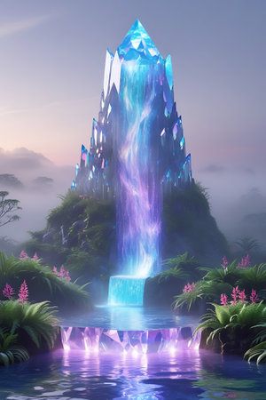 A majestic, towering mountain composed of giant, multifaceted crystals rises from a lush, green landscape. A brilliant waterfall of blue and purple light streams down its face, feeding a reflective pool below. The surrounding area is abundant with vibrant green plants and delicate pink flowers, all enveloped in a soft, atmospheric mist.の素材