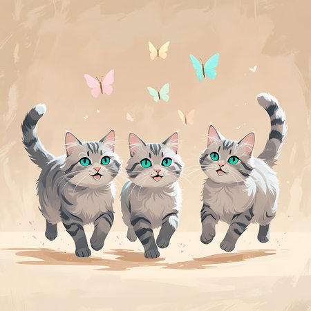 Three adorable, fluffy grey kittens with bright teal eyes are joyfully running and playing. Small, colorful butterflies in shades of pink, yellow, and blue flutter around them against a soft, creamy beige background. The kittens have playful expressions and striped markings.の素材