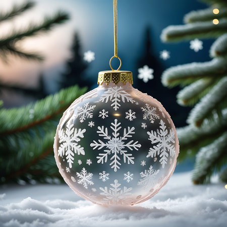 A clear, transparent Christmas ornament adorned with intricate white snowflake patterns hangs in a snowy forest setting. The ornament is the central focus, surrounded by the soft textures of snow and blurred evergreen branches. The background depicts a winter landscape with hints of soft light and falling snowflakes, evoking a festive and magical holiday mood.の素材