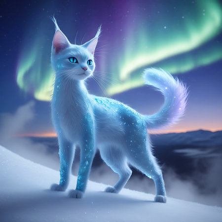 A charming blue cat with soft, glowing fur and a tail that fades into a soft purple hue stands on a snow-covered ground. Tiny sparkling particles emanate from its body. The scene is set against a backdrop of the aurora borealis, with streaks of green and purple light across a night sky, and a distant mountain range.の素材