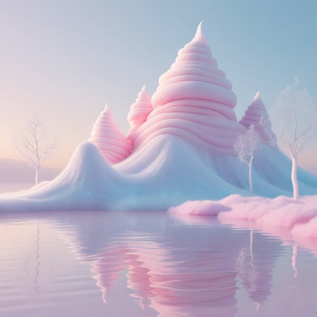 A surreal and whimsical landscape unfolds with soft, swirling mountains and hills rendered in pastel shades of pink, blue, and white. The smooth, flowing forms resemble whipped cream or soft candy. A calm body of water in the foreground perfectly reflects the pastel sky and the unique land formations, creating a serene and dreamlike atmosphere.の素材