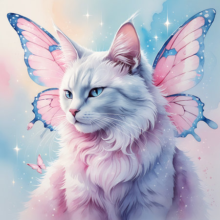 A close-up portrait of a fluffy white cat with striking blue eyes. The feline is adorned with delicate, translucent butterfly wings in shades of pink and blue, emanating a magical and whimsical aura. The background is a soft, pastel blend of blues and pinks, sprinkled with sparkling stars and glitter, creating a dreamlike and ethereal atmosphere. A tiny pink butterfly is also visible.の素材