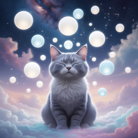 A fluffy grey cat with closed eyes sits serenely amidst a surreal, dreamlike sky filled with glowing orbs of various sizes and colors, including white, light blue, and pale pink. The background features soft pastel clouds and a hint of a distant galaxy or nebula with stars. The overall atmosphere is magical, ethereal, and tranquil.の素材