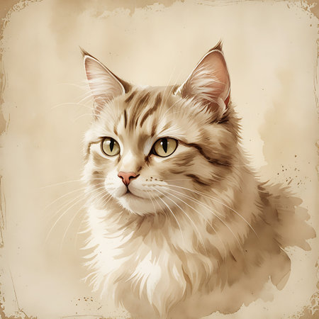 A watercolor painting of a fluffy, long-haired tabby cat's head and shoulders. The cat has distinct brown and cream stripes, large green eyes, a pink nose, and prominent whiskers. It is depicted in a side profile, looking thoughtfully to the left. The artwork has a vintage feel with a textured, parchment-like background and a distressed, aged border.の素材