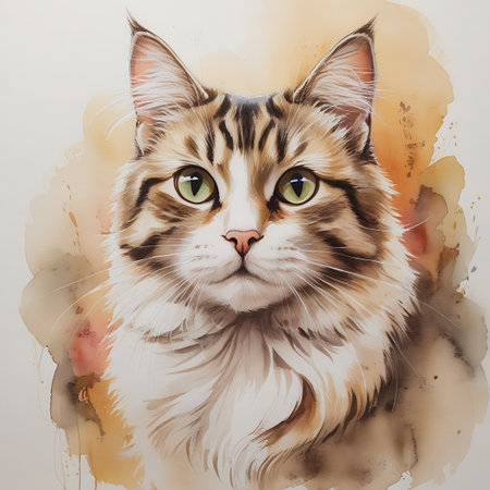 A detailed watercolor painting captures the head and shoulders of a fluffy long-haired tabby cat. The cat has striking green eyes and prominent whiskers. The background features soft, abstract watercolor washes in warm, earthy tones, creating an artistic and gentle atmosphere.の素材
