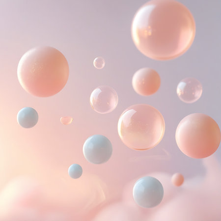 A collection of translucent spheres in soft pastel shades of pink, blue, and peach float gently against a soft gradient background. The spheres exhibit subtle reflections and internal glimmers, creating a dreamy and ethereal atmosphere. Some spheres are larger and more prominent, while others are smaller and more distant, adding depth to the composition. The lighting is soft and diffused, casting a gentle glow.の素材