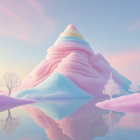A surreal landscape dominated by a mountain formed from layered pastel colors, including pink, blue, yellow, and white, resembling candy floss. The mountain's soft, undulating surface is reflected in the tranquil water below. Delicate, bare trees stand on the surrounding pastel terrain, under a soft dawn sky.の素材