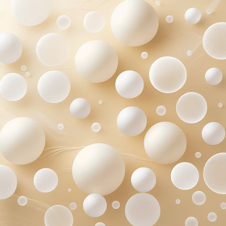 An abstract background composed of numerous soft white and cream spheres of varying sizes. The spheres are arranged in a gentle, flowing pattern against a light, creamy background with subtle wavy lines and light effects. The overall impression is one of softness, smoothness, and elegance, with a minimalist and ethereal aesthetic. The composition is clean and visually appealing, suitable for a variety of design applications.の素材
