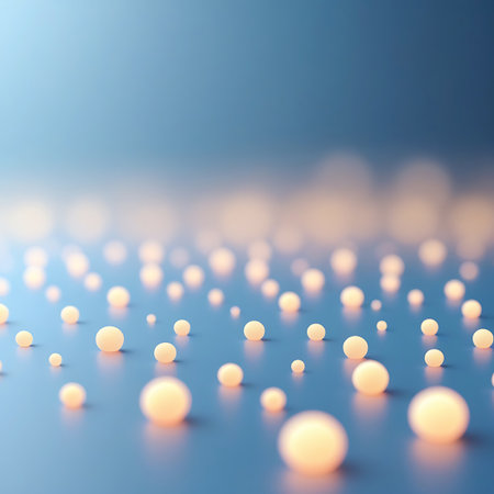 A vast array of glowing, luminous spheres are spread across a smooth, blue surface. The spheres, varying in size, are softly illuminated from within, creating a gentle and diffused light. The image is captured with a soft focus, emphasizing a shallow depth of field and an ethereal, dreamy quality. The composition is abstract and minimalist, evoking a sense of digital elements or a field of energy.の素材