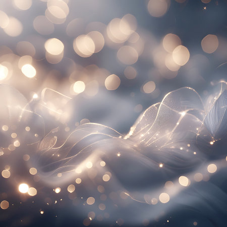 An abstract composition featuring flowing, wavy translucent textures interwoven with numerous soft, golden bokeh lights. The background is a muted blend of blues and grays, creating a serene and ethereal ambiance. The image evokes a sense of gentle movement and luminous beauty.の素材