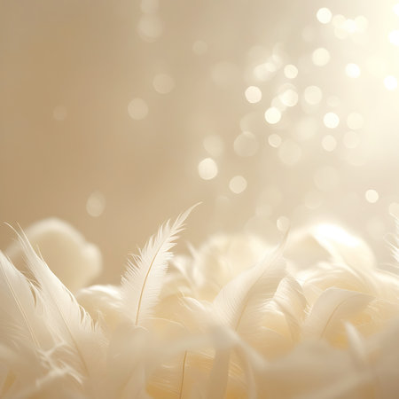 This image features a close-up view of a pile of soft white feathers, with a shallow depth of field. The background is a warm golden color with numerous bright, circular bokeh lights, creating a magical and ethereal effect. The focus is on the intricate structure of the feathers.の素材