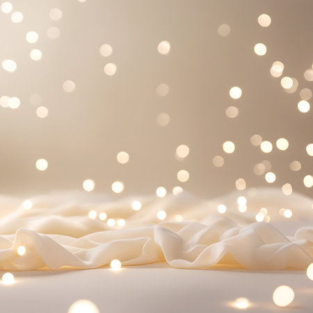 This image displays a soft, creamy fabric with visible folds and textures, overlaid with scattered, golden bokeh lights. The lights are out of focus, creating a dreamy and warm ambiance. The composition suggests a sense of elegance and gentle celebration, with the fabric providing a tactile and flowing element.の素材