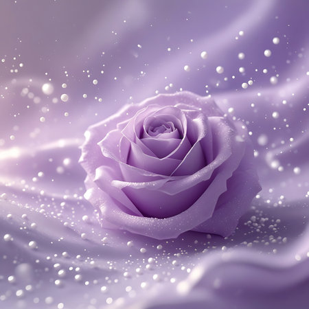 A single, delicate lavender rose is showcased against a backdrop of flowing, silken lavender fabric. The petals of the rose are soft and detailed, with a subtle shimmer. Numerous small, sparkling pearls and glitter particles are scattered across the fabric and around the rose, creating a magical and ethereal effect. Soft, glowing bokeh lights add to the dreamy atmosphere.の素材