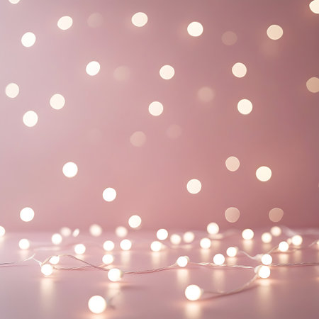 A soft and inviting image featuring a strand of small, glowing white fairy lights draped across a pastel pink surface. The background is filled with numerous soft, out-of-focus circles of light (bokeh), creating a dreamy and festive atmosphere. The lights are warm and inviting, suggesting celebration or a cozy ambiance.の素材