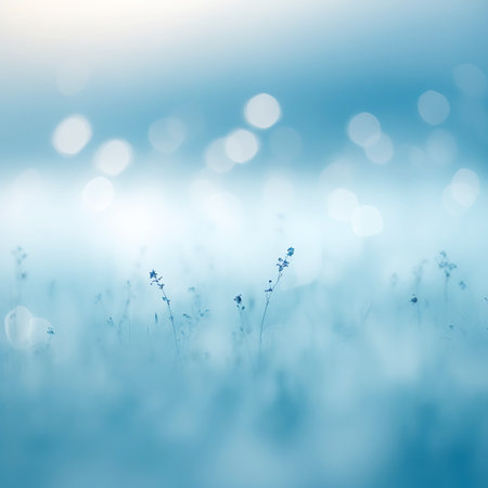 A dreamy, soft-focus image of a blue field with delicate plants and small blue flowers. Numerous out-of-focus circular lights (bokeh) are scattered across the scene, creating an ethereal and magical ambiance. The gentle blue hues and soft lighting suggest a tranquil, misty morning or a serene, nature-inspired backdrop.の素材