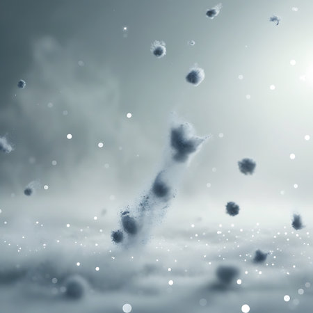 An abstract image with dark, cloud-like clusters of particles suspended in a hazy, light gray atmosphere. Small, bright white and yellow bokeh lights are scattered throughout, adding a shimmering, magical quality. The composition suggests a sense of gentle movement and ethereal beauty.の素材