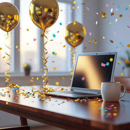 A laptop and a white coffee mug are positioned on a wooden desk, surrounded by golden balloons and a cascade of colorful confetti. The scene evokes a festive atmosphere, possibly celebrating a personal or professional milestone.の素材
