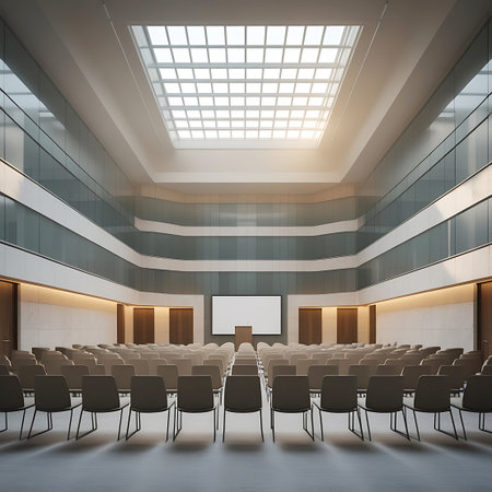 A large, modern auditorium is filled with rows of empty chairs facing a stage with a screen and projector. The expansive interior features a grid-like skylight ceiling that allows natural light to flood the space, creating a bright and airy atmosphere. The architecture is clean and contemporary.の素材
