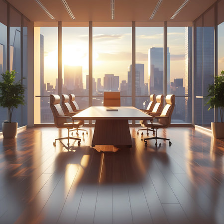A modern boardroom with a large wooden table and leather chairs is bathed in the warm glow of sunset. Floor-to-ceiling windows offer a panoramic view of a bustling cityscape with skyscrapers. Sunlight streams in, reflecting off the polished wooden floor and creating long shadows. Potted plants add a touch of greenery to the sophisticated interior.の素材