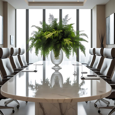 This modern boardroom is dominated by a sleek, oval marble conference table with a subtle veined pattern. A large, clear glass vase filled with a vibrant arrangement of ferns and tropical leaves sits at the center, its reflection beautifully captured on the polished surface. Comfortable black leather chairs with chrome bases are arranged around the table, and large windows provide abundant natural light, highlighting the room's sophisticated and professional atmosphere.の素材