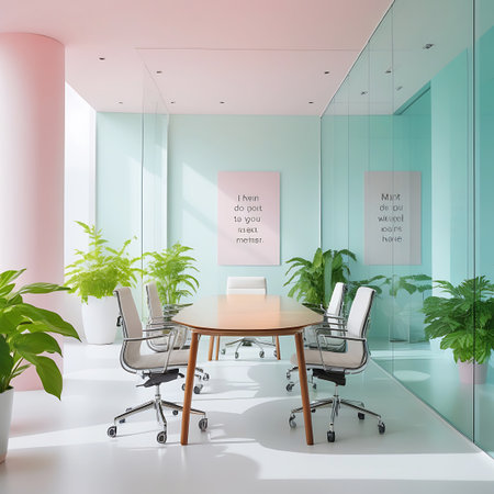 A contemporary office meeting space featuring an oval wooden table with modern chairs. The room is decorated with pastel pink and mint green accents and surrounded by glass walls, allowing light to flow through. Numerous potted plants are placed throughout the space, adding a touch of nature and enhancing the bright, clean, and stylish atmosphere for productive business discussions.の素材
