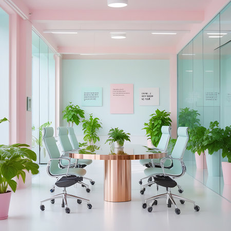 A stylish and modern meeting room with a unique pastel color scheme of soft pink and mint green. A round copper-colored table is surrounded by sleek, light-colored chairs. Abundant greenery from potted plants adds life and color to the space, which features glass walls and soft lighting, creating a bright, contemporary, and aesthetically pleasing environment for meetings.の素材