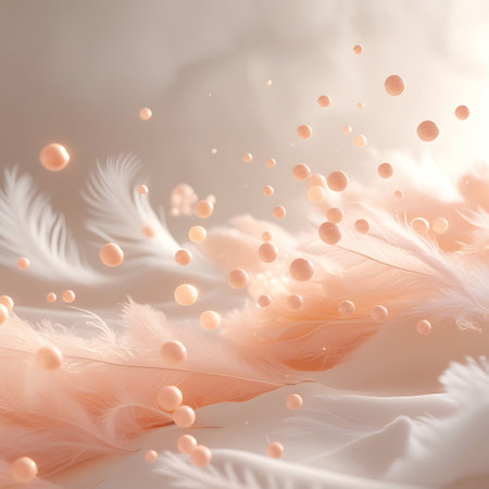 A gentle composition featuring numerous small, peach-colored spheres and soft white feathers suspended in a luminous, diffused light. The background is a soft gradient of neutral tones. The spheres are translucent and emit a subtle glow, while the feathers provide a delicate, airy texture. The overall impression is one of softness, lightness, and tranquility.の素材