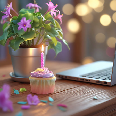 A vibrant pink and purple frosted birthday cupcake with a lit candle is positioned on a laptop. A potted plant with delicate pink flowers stands nearby on a wooden table. The background features a soft bokeh of warm lights, and a few scattered flower petals add a festive touch to the scene.の素材