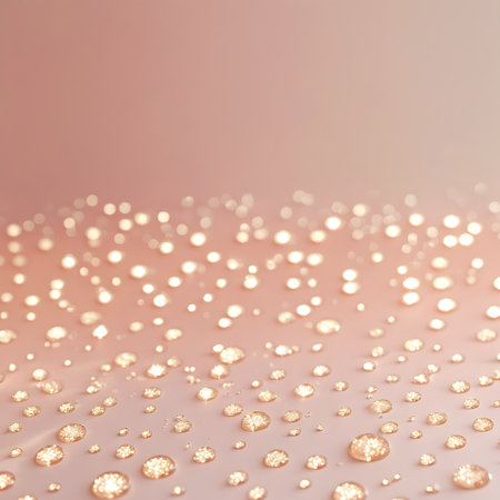 A close-up view of a soft pink surface covered in rows of sparkling golden water droplets. Each droplet is illuminated, reflecting light and creating a glittering effect. The background fades into a lighter pink gradient, emphasizing the texture and shine of the liquid spheres.の素材