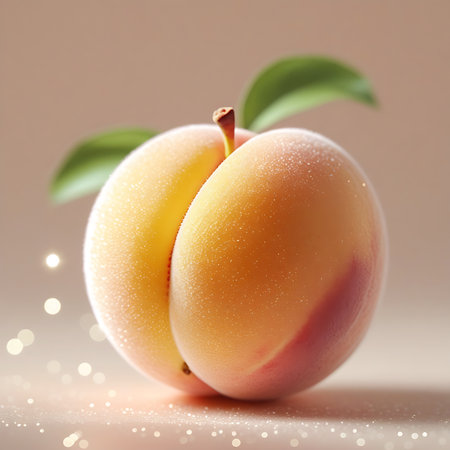 A single, ripe peach with a soft fuzzy skin is showcased in a studio setting. The fruit displays a gradient of yellow and orange hues with a blush of pink. Two vibrant green leaves are attached to the stem, and the surface of the peach is lightly dusted with sparkling particles. Soft bokeh lights add a magical glow to the background, creating a visually appealing and refreshing image.の素材