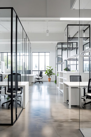 A sleek and modern office interior is characterized by glass walls, white desks, and black metal shelving units. Potted plants are strategically placed to add life to the minimalist design. Large windows allow ample natural light to fill the space, creating a bright and professional environment conducive to work and collaboration.の素材