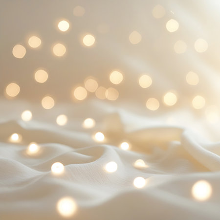 A soft focus image featuring numerous glowing bokeh lights scattered across gently rippling waves of creamy, textured fabric. The lights are circular and diffused, creating a warm and ethereal atmosphere. The overall impression is one of gentle illumination and delicate beauty, suitable for backgrounds or abstract concepts.の素材