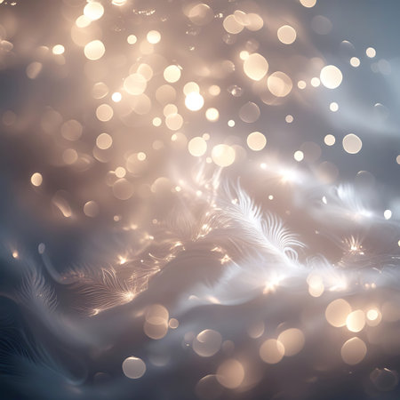 A soft-focus abstract image featuring a multitude of warm golden bokeh lights scattered across the frame. Interspersed are wispy, delicate white feathers, adding a touch of ethereal beauty. The overall impression is dreamy, serene, and luminous, with a gentle, glowing quality.の素材