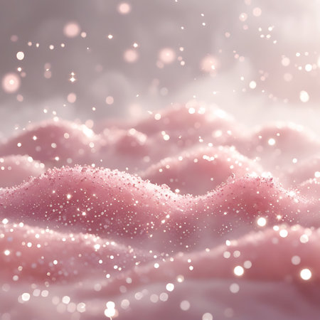 Soft, undulating hills of a pastel pink texture are covered in fine glitter and illuminated by numerous bright bokeh lights. The scene has a dreamy, ethereal quality with a soft focus and a gentle, luminous glow. The texture appears smooth and inviting, with sparkling highlights across its surface.の素材