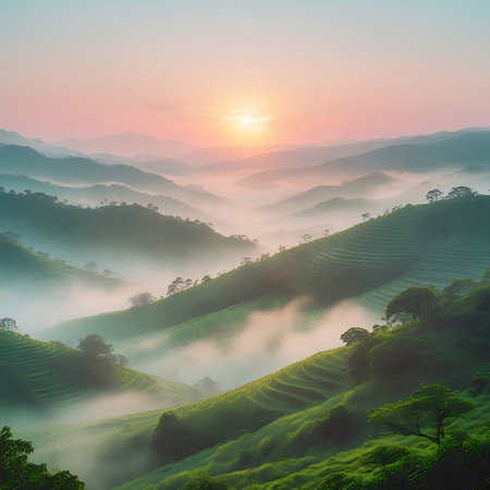 A tranquil sunrise illuminates a vast mountain landscape shrouded in mist. The foreground features lush green hills carved into intricate terraces, indicative of agricultural practices like tea cultivation. Soft fog drifts through the valleys, softening the contours of the distant peaks. The sky displays a gentle gradient of colors from the rising sun.の素材
