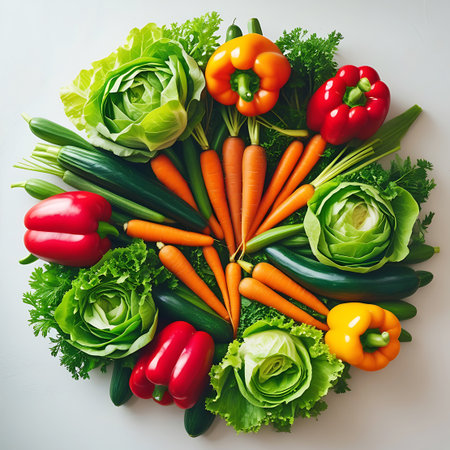 A vibrant mandala-like arrangement of fresh vegetables is presented on a white background. The composition includes red, yellow, and orange bell peppers, bright orange carrots, green cucumbers, and several heads of crisp green cabbage. Sprigs of parsley add a delicate green accent. The vegetables are arranged in a radial pattern, highlighting their natural beauty.の素材
