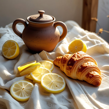 A golden croissant is presented with several bright yellow lemon slices on a textured white fabric. A unique brown clay pot with two handles and a lid is positioned behind the croissant and lemons. Warm sunlight illuminates the scene, highlighting the textures of the pastry, fruit, and pottery.の素材